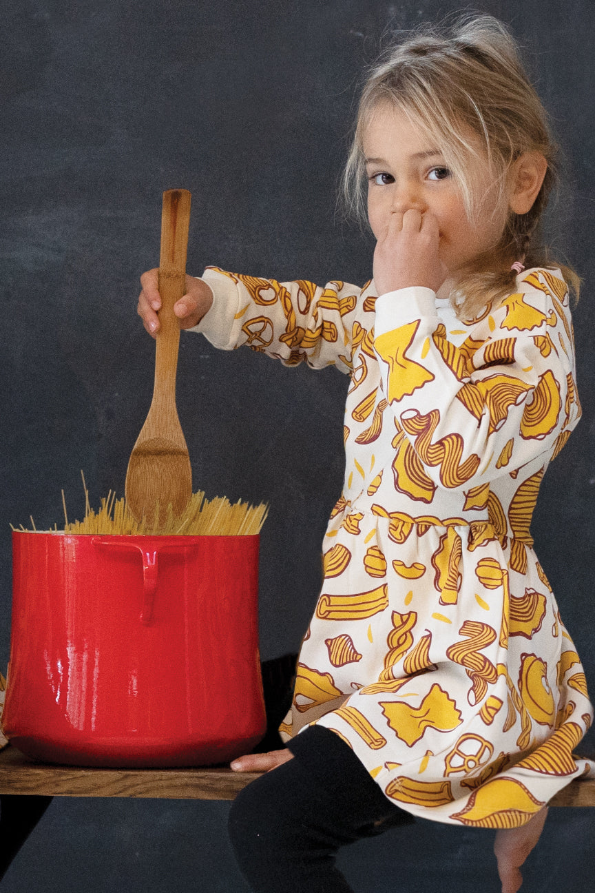 Pasta dress, macaroni dress, pasta pattern.